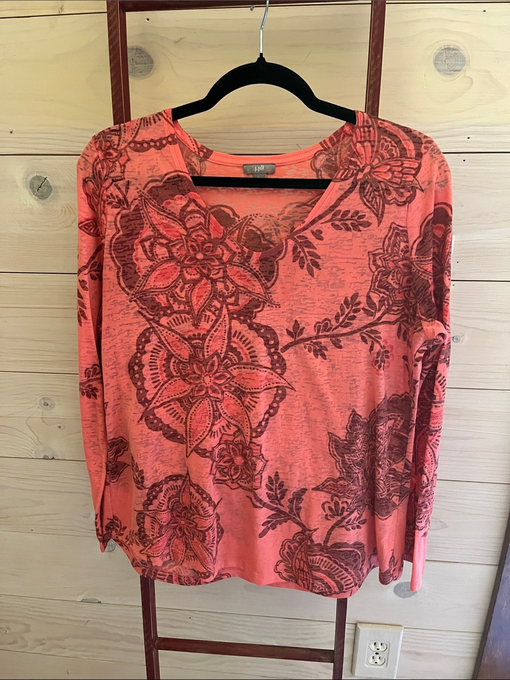 J. Jill Coral Pink Floral V-Neck Long Sleeve Top